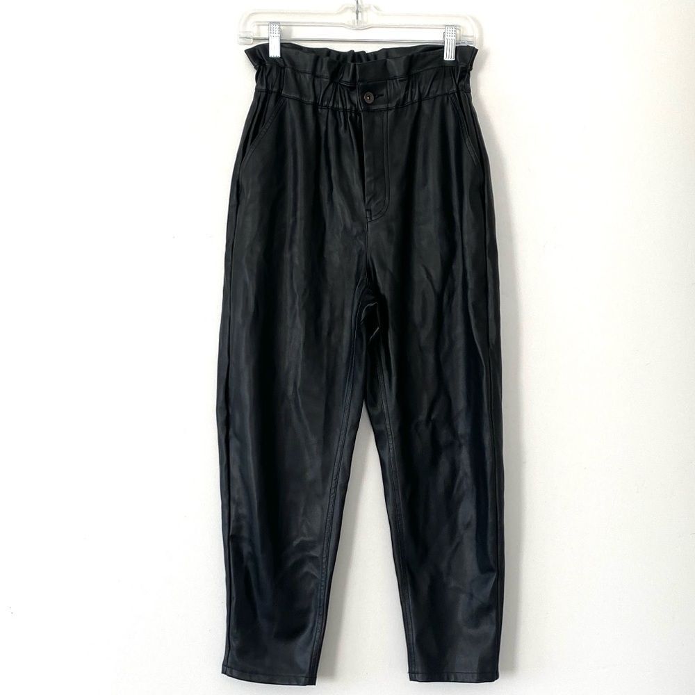 Zara Black Vegan Leather Pants Paper Bag High Waist Sz 4 Relaxed Fit Cocoon Chic